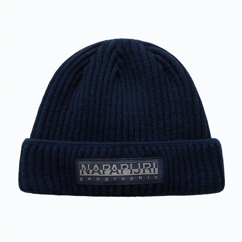 Napapijri Gerippte Strickmütze für Herren in Marineblau mit umgeschlagenem Rand und schwarzem Logo-Patch (Vorderansicht)