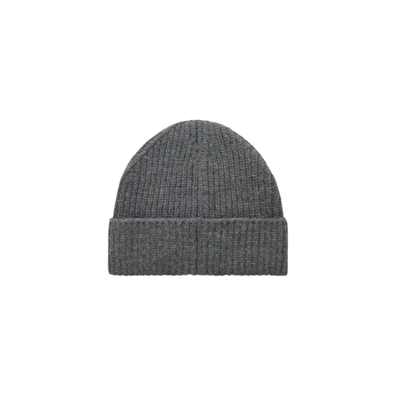 Charcoal gray ribbed beanie hat with fold-over cuff.