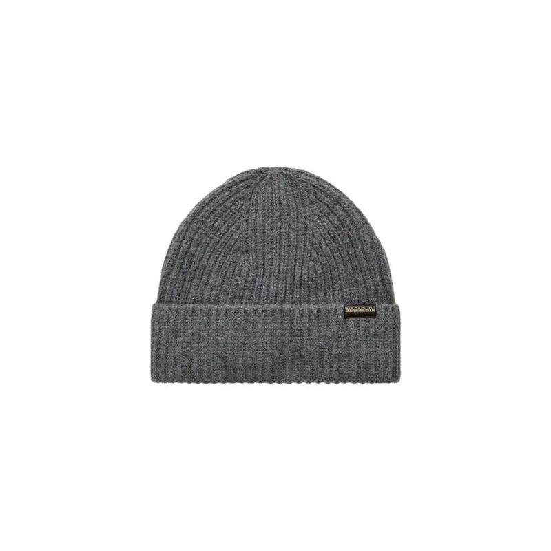 Charcoal gray beanie with ribbed texture and folded cuff, featuring a small logo on the front.