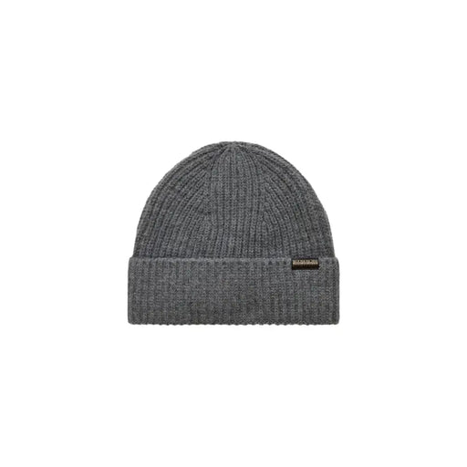 Charcoal gray beanie with ribbed texture and folded cuff, featuring a small logo on the front.
