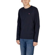 Navy blue long-sleeved t-shirt with small red logo on chest, made of cotton.