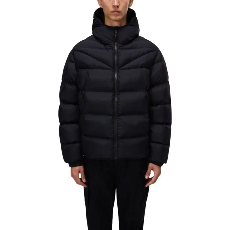 Black puffer jacket with hood and zipper, likely made of synthetic material for warmth.