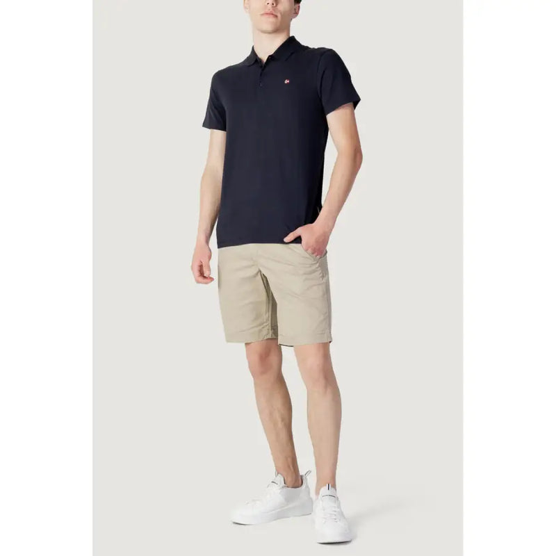 Navy blue short-sleeved cotton polo shirt for men by Napapijri with a small red logo on the left chest for spring summer