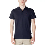Napapijri men blue cotton polo shirt with dark navy short sleeves, textured weave, and embroidered flag logo