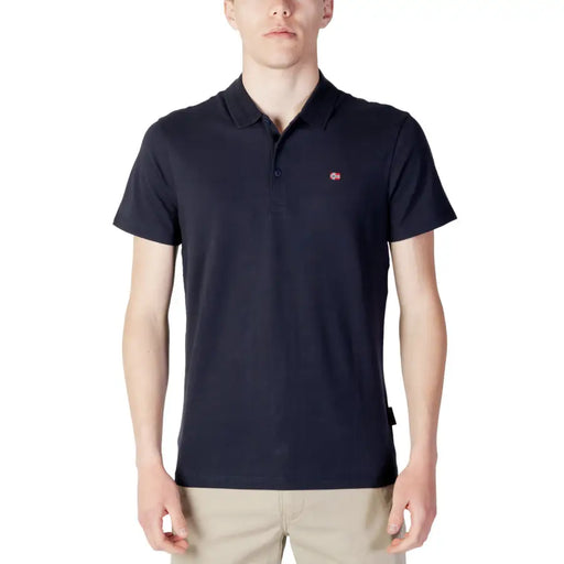 Navy blue polo shirt with red and white logo, short sleeves, collar, and button details.