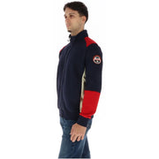 Napapijri Herren-Sweatshirt aus blauer Baumwolle mit Rollkragen, marineblau-rotem Farbblock-Fleece und Logo-Patch am linken Ärmel
