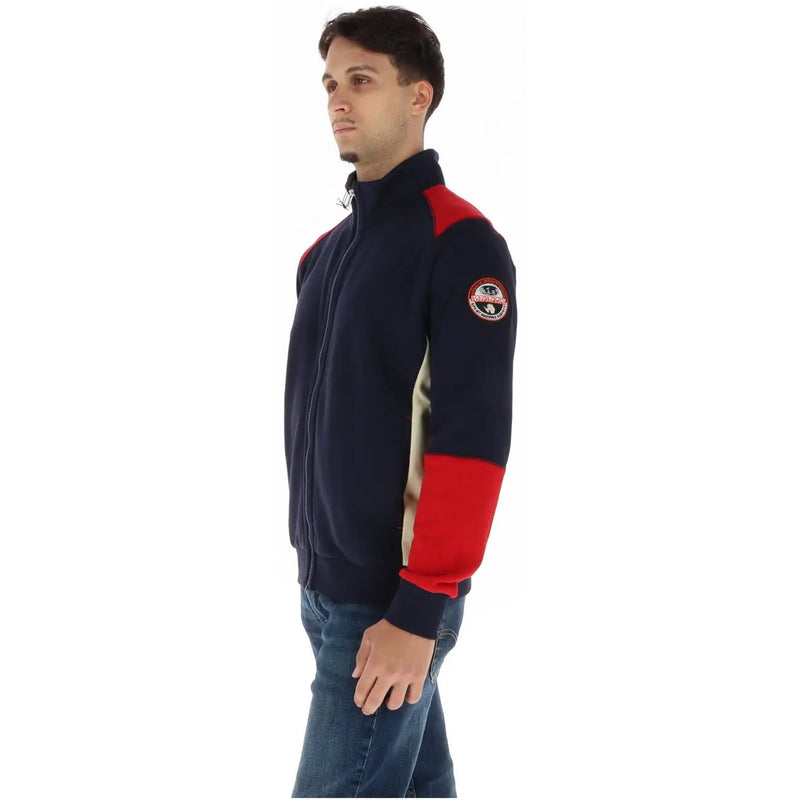 Napapijri Herren-Sweatshirt aus blauer Baumwolle mit Rollkragen, marineblau-rotem Farbblock-Fleece und Logo-Patch am linken Ärmel