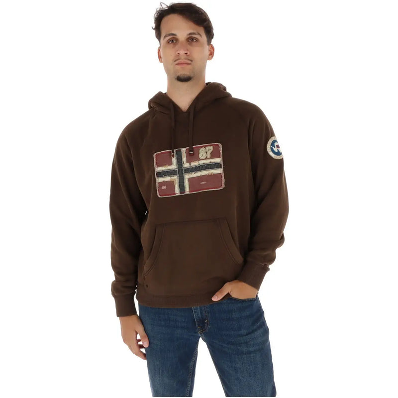 Napapijri Sweat à capuche marron en coton pour homme, orné d'un écusson drapeau norvégien vieilli et d'un logo circulaire sur la manche.