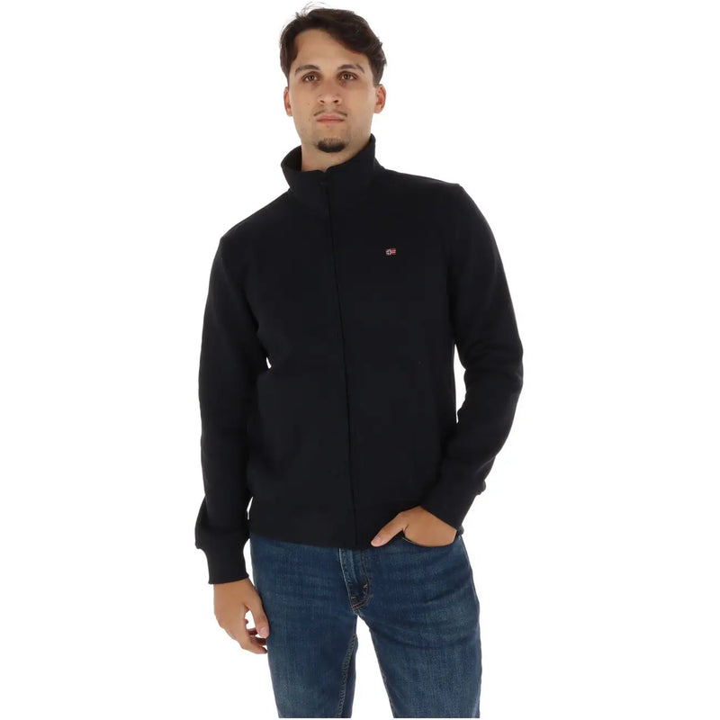 Napapijri Herren-Baumwoll-Sweatshirt, schwarze Fleecejacke mit Reißverschluss und Rollkragen, kleinem rot-weißen Logo auf der linken Brustseite