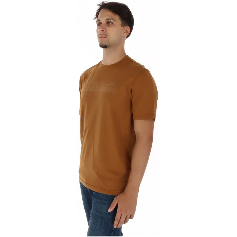 Napapijri men cotton t shirt camel round neck with a mustard-colored fabric and a subtle tonal logo on the chest