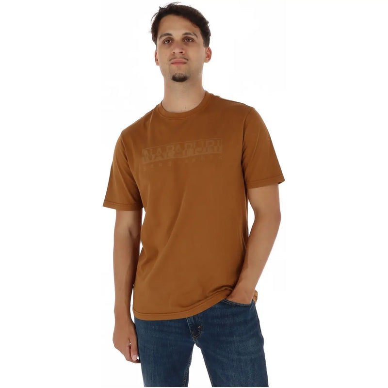 Napapijri men cotton t shirt camel round neck brown short sleeve with subtle faded logo across the chest