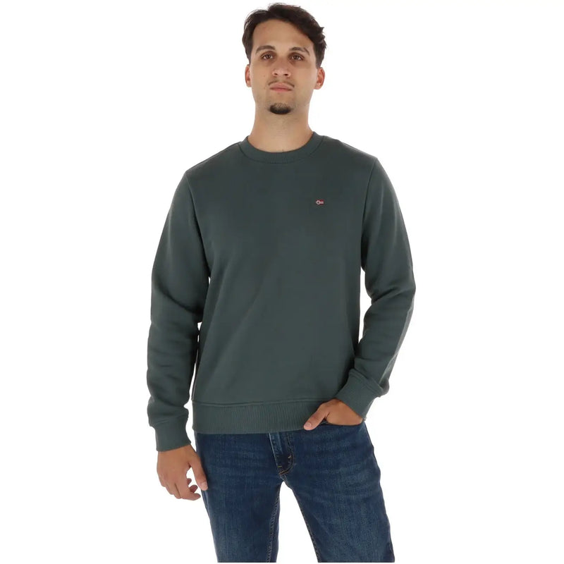 Napapijri Herren-Sweatshirt aus grüner Baumwolle mit Rundhalsausschnitt in Dunkelgrün und kleinem rot-weißem Logo auf der Brust