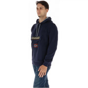 Napapijri Herren-Hoodie aus marineblauem Baumwollfleece mit grauen Kordelzügen und norwegischem Flaggenaufnäher auf der Brust