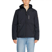 Black napapijri men jacket with hood zippered pockets and brand logo patch on sleeve classic long plain design