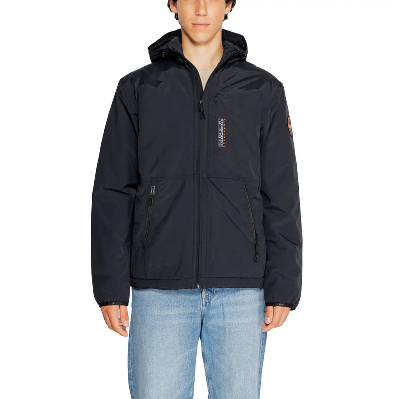 Black napapijri men jacket with hood zippered pockets and brand logo patch on sleeve classic long plain design