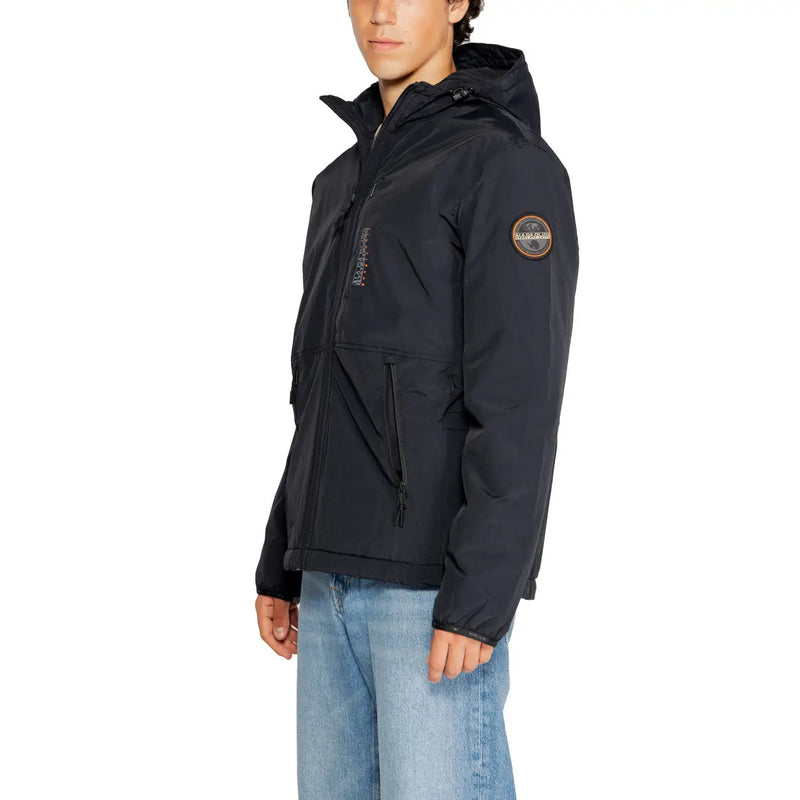Black napapijri men jacket with hood, circular logo patch on sleeve, and vertical branding along zip front pockets