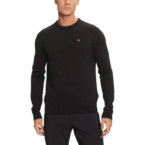 Napapijri men knitwear black cotton long-sleeved round neck jumper with small red and white logo on left chest
