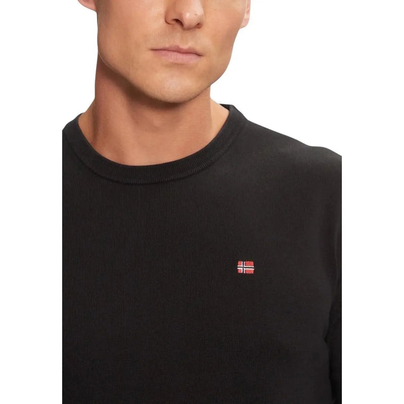 Napapijri men knitwear black cotton crewneck sweater with ribbed texture and embroidered norwegian flag on left chest