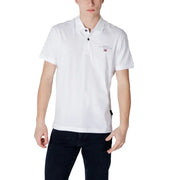 Napapijri Herren-Poloshirt, kurzärmelig, weiß, aus Baumwolle, mit schwarzen Knöpfen und kleinem, gesticktem Logo auf der linken Brust.