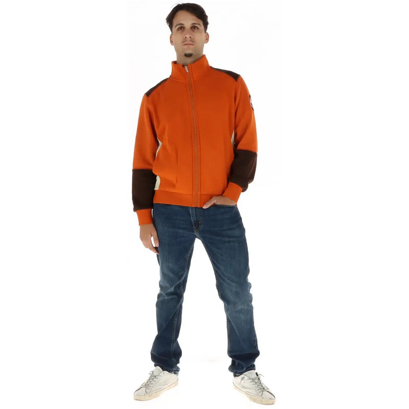 Napapijri Herren-Sweatshirt, orangefarbene Baumwoll-Trainingsjacke mit Reißverschluss, braunen Kontrasteinsätzen und Rollkragen