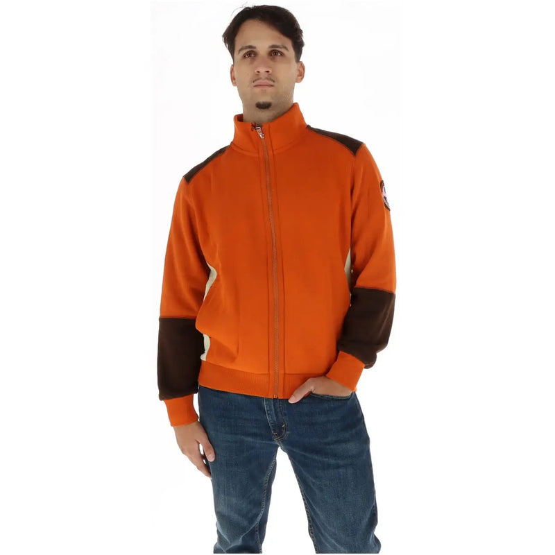 Napapijri Herren-Sweatshirt, orangefarbene Baumwoll-Fleecejacke mit Reißverschluss, braunen Kontrasteinsätzen und Rollkragen
