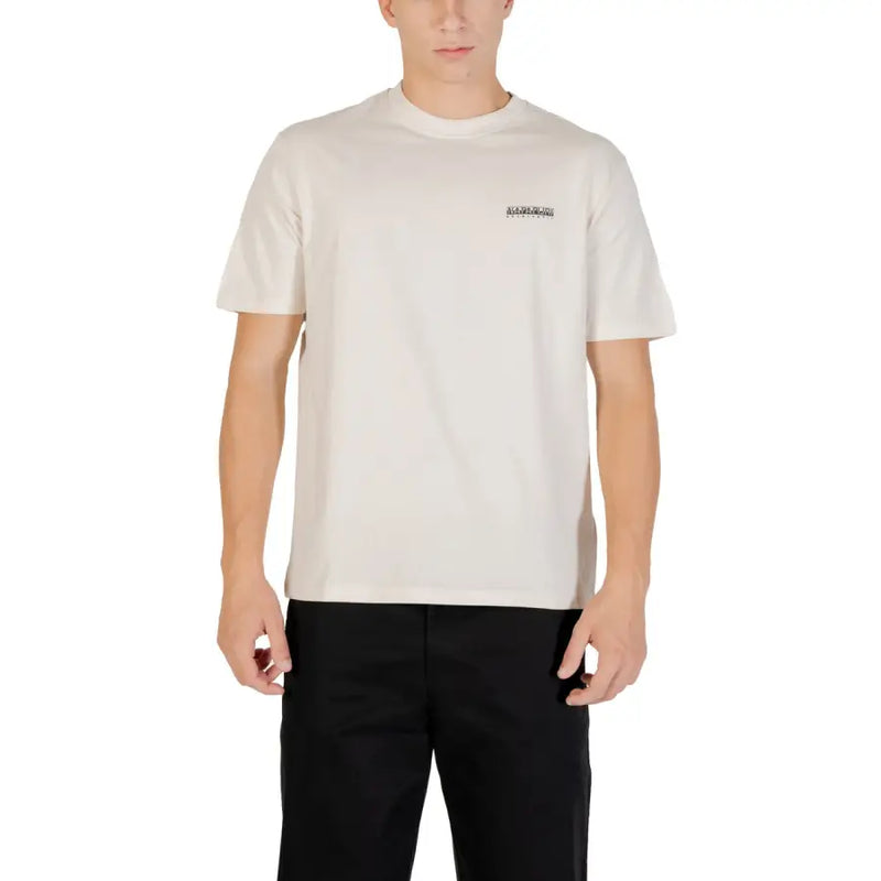 Off-white Napapijri men short-sleeved t-shirt with small black embroidered logo on the left chest