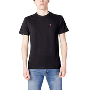 Black short-sleeved crew neck cotton t-shirt for men by Napapijri with a small red and white logo on the left chest