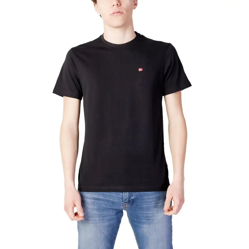 Black short-sleeved crew neck cotton t-shirt for men by Napapijri with a small red and white logo on the left chest