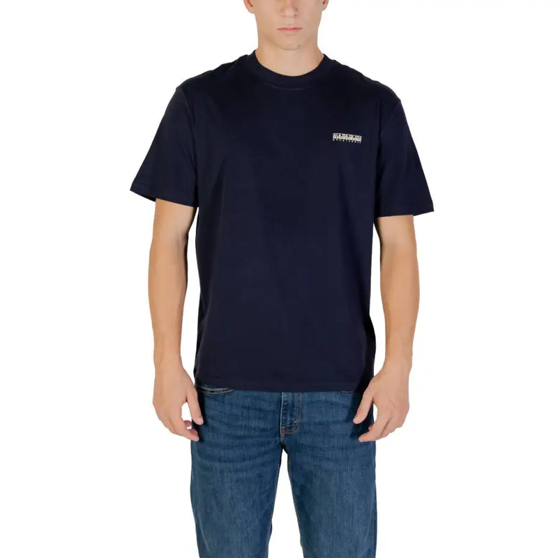 Napapijri men t-shirt dark navy blue short-sleeved crew neck with small white embroidered logo on left chest