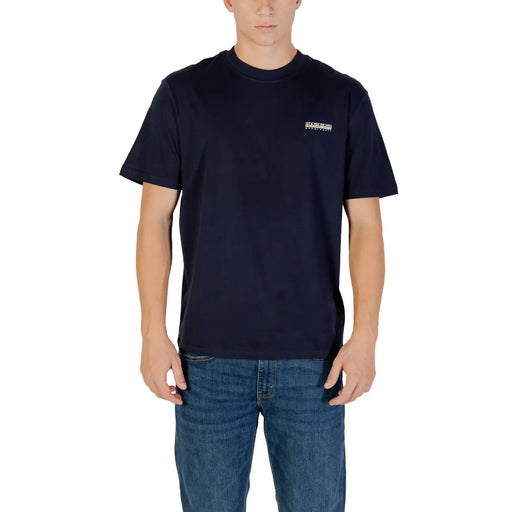 Napapijri men t-shirt dark navy blue short-sleeved crew neck with small white embroidered logo on left chest