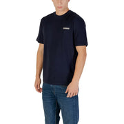 Navy blue short-sleeved cotton Napapijri men t-shirt with a small white logo on the left chest for casual wear