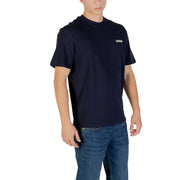 Navy blue short-sleeved crew neck cotton t-shirt with small white logo on left chest by Napapijri men collection