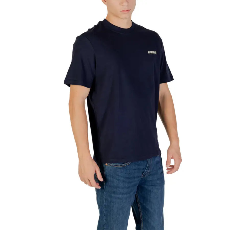Navy blue short-sleeved crew neck cotton t-shirt with small white logo on left chest by Napapijri men collection