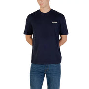 Navy blue short-sleeved Napapijri men t-shirt with small white logo on left chest in cotton fabric