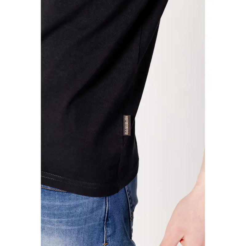 Napapijri men black cotton t-shirt with a small brown label on the lower left side for casual wear