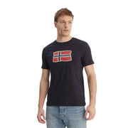 Napapijri men t shirt dark navy cotton short sleeve with distressed vintage-style Norwegian flag graphic on chest
