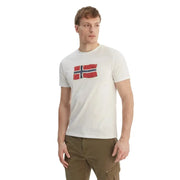 Napapijri men t shirt white cotton short sleeve round neck with distressed red and blue norwegian flag graphic on chest