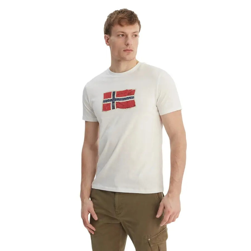 Napapijri men t shirt white cotton short sleeve round neck with distressed red and blue norwegian flag graphic on chest