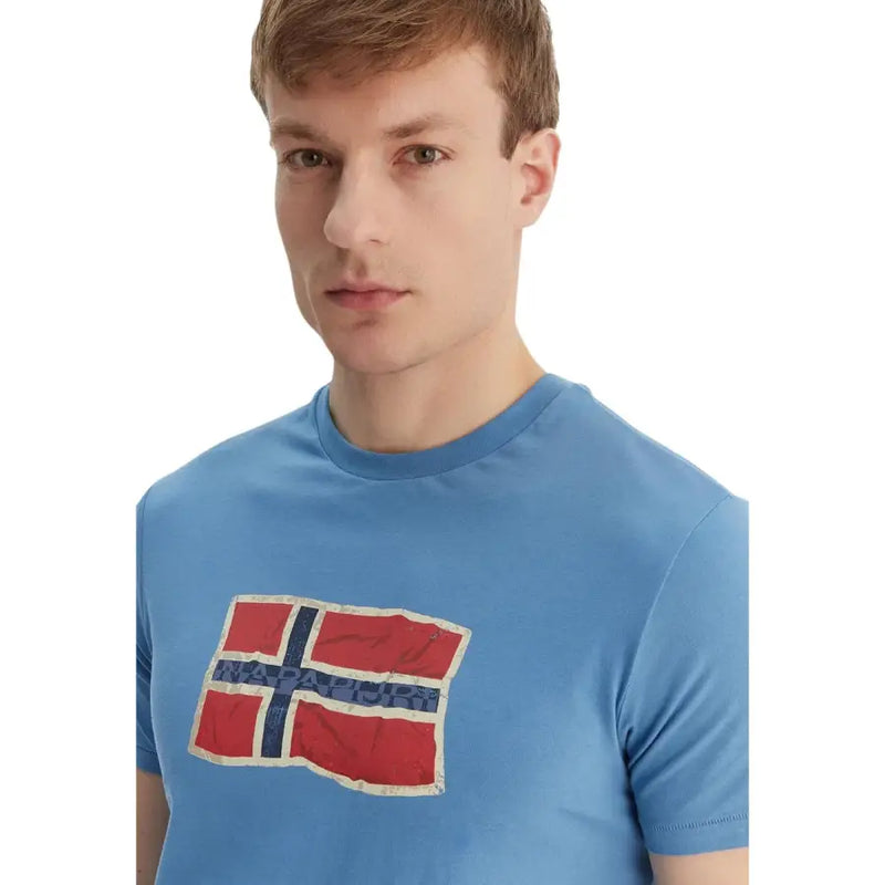 Napapijri men t shirt light blue cotton short sleeve round neck with distressed vintage norwegian flag graphic