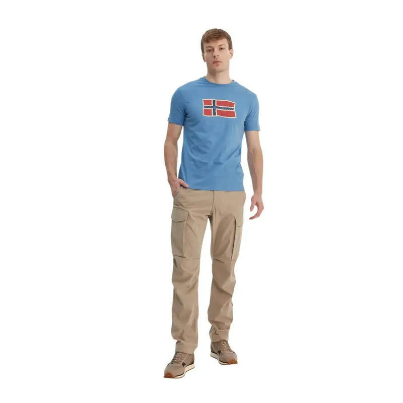 Napapijri men t shirt light blue cotton short sleeve round neck with printed Norwegian flag on the chest