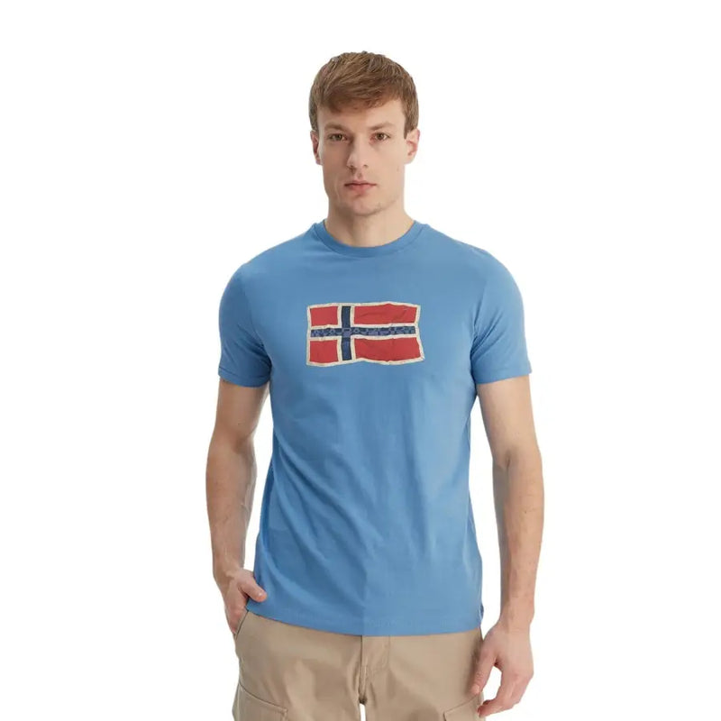 Napapijri men t shirt light blue cotton short sleeve round neck with distressed norwegian flag print on front