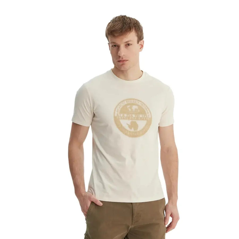 Napapijri men t shirt cream cotton short sleeve round neck with circular gold toned elephant graphic design
