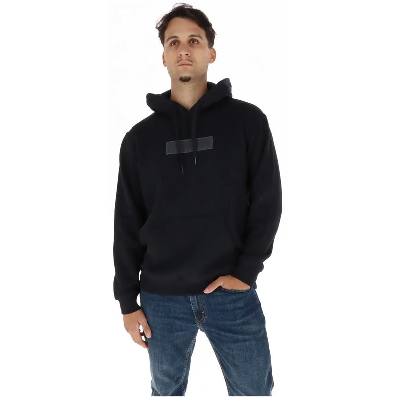 Napapijri mens black cotton hooded sweatshirt with a minimalist rectangular patch on the chest