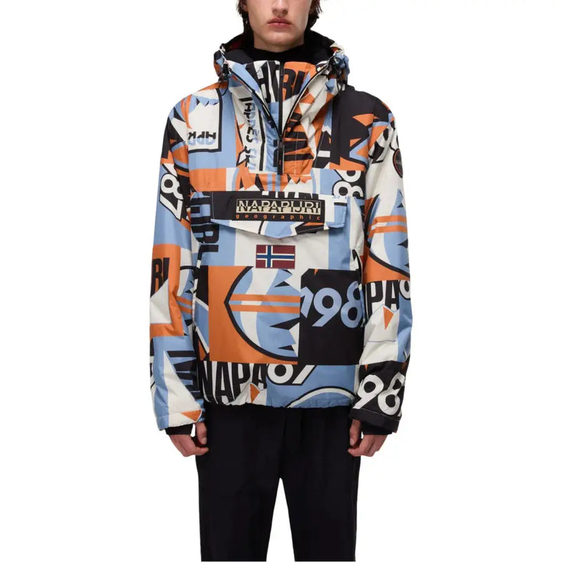 Napapijri multi-color abstract patterned jacket with hood and zipper.