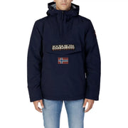 Napapijri puffer jacket for men in navy blue with front patch featuring brand name and Norwegian flag, front view