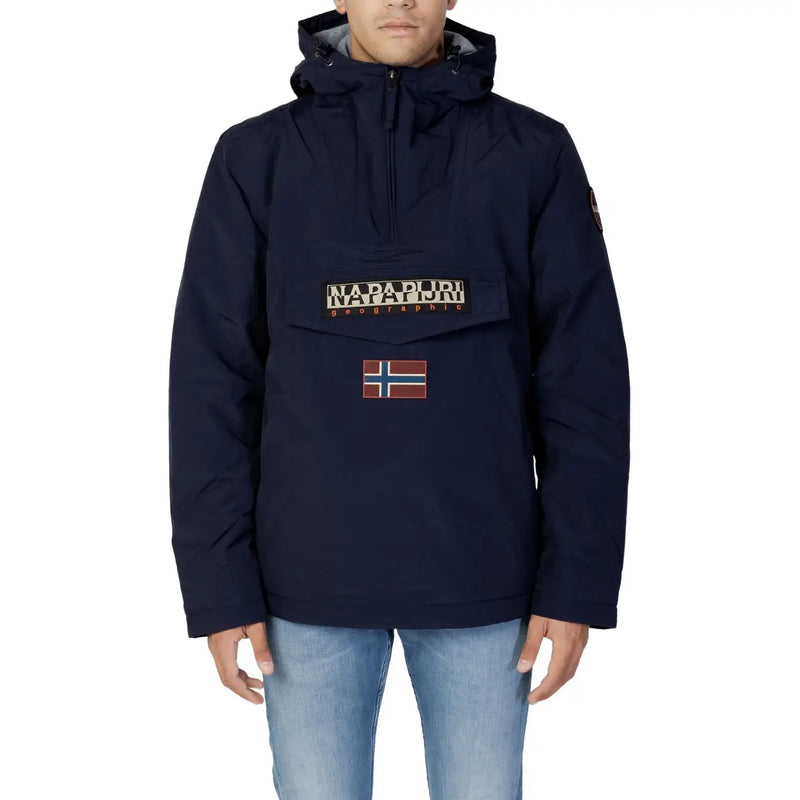 Napapijri puffer jacket for men in navy blue with front patch featuring brand name and Norwegian flag, front view