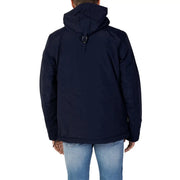 Napapijri puffer jacket for men in dark navy blue with black zipper details, front view