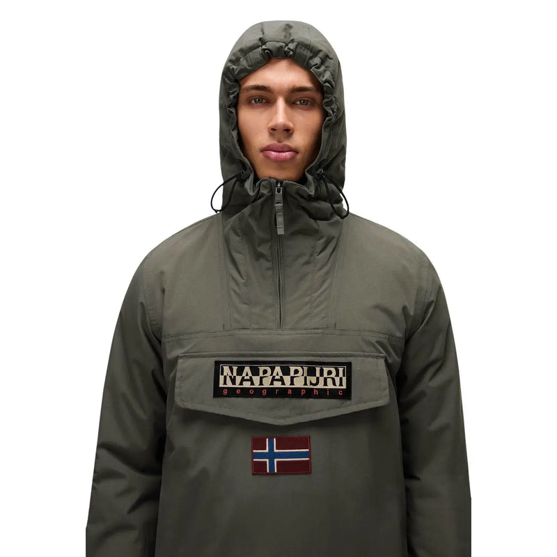 Napapijri puffer jacket Rainforest Winter 3 for men in olive green with front patch pocket and Norwegian flag emblem, front view
