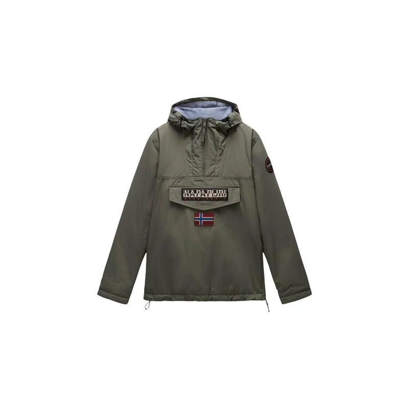 Napapijri puffer jacket Rainforest Winter 3 for men in olive green with front patch pocket and light blue hood lining front view