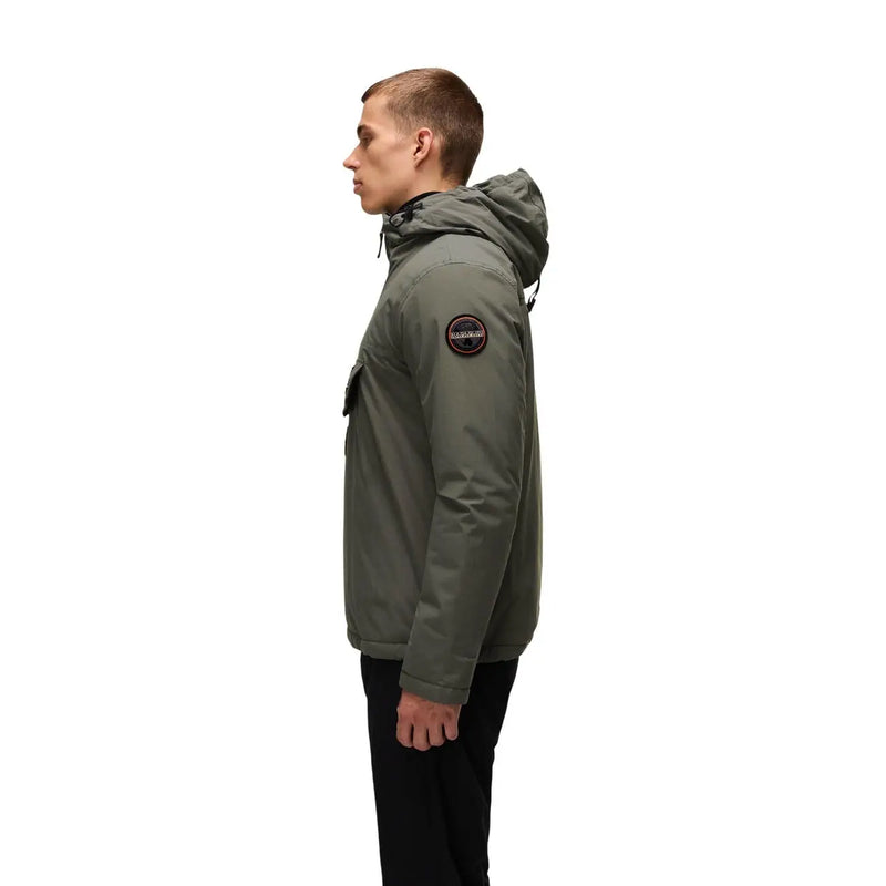 Napapijri puffer jacket Rainforest Winter 3 for men in olive green with hood and circular patch on left sleeve, front view